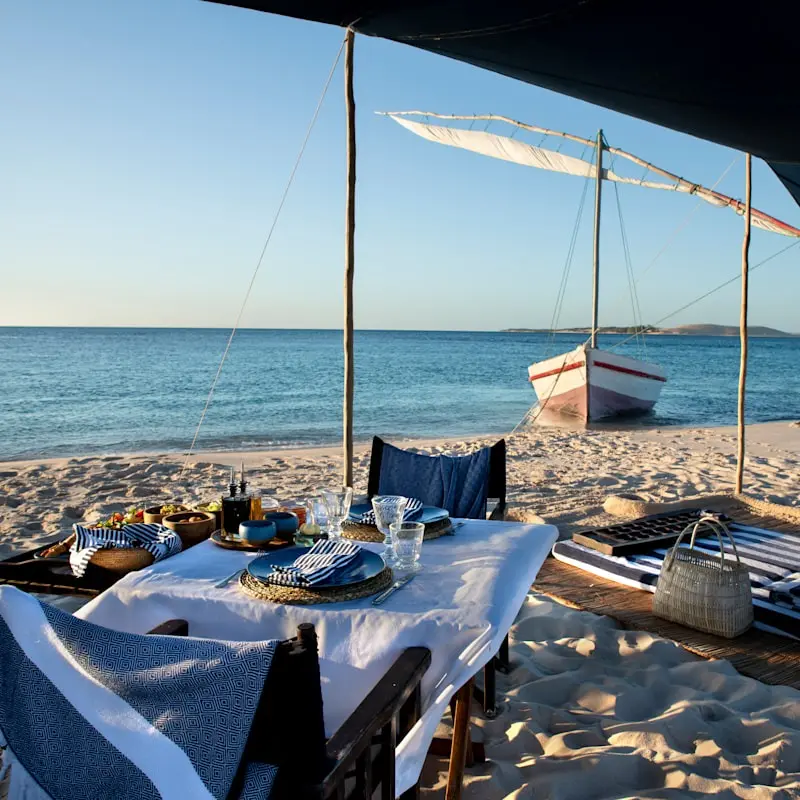 Southern Africa Mozambique andBeyond Benguerra Island experience castaway picnic dhow butler setup 9 Website square